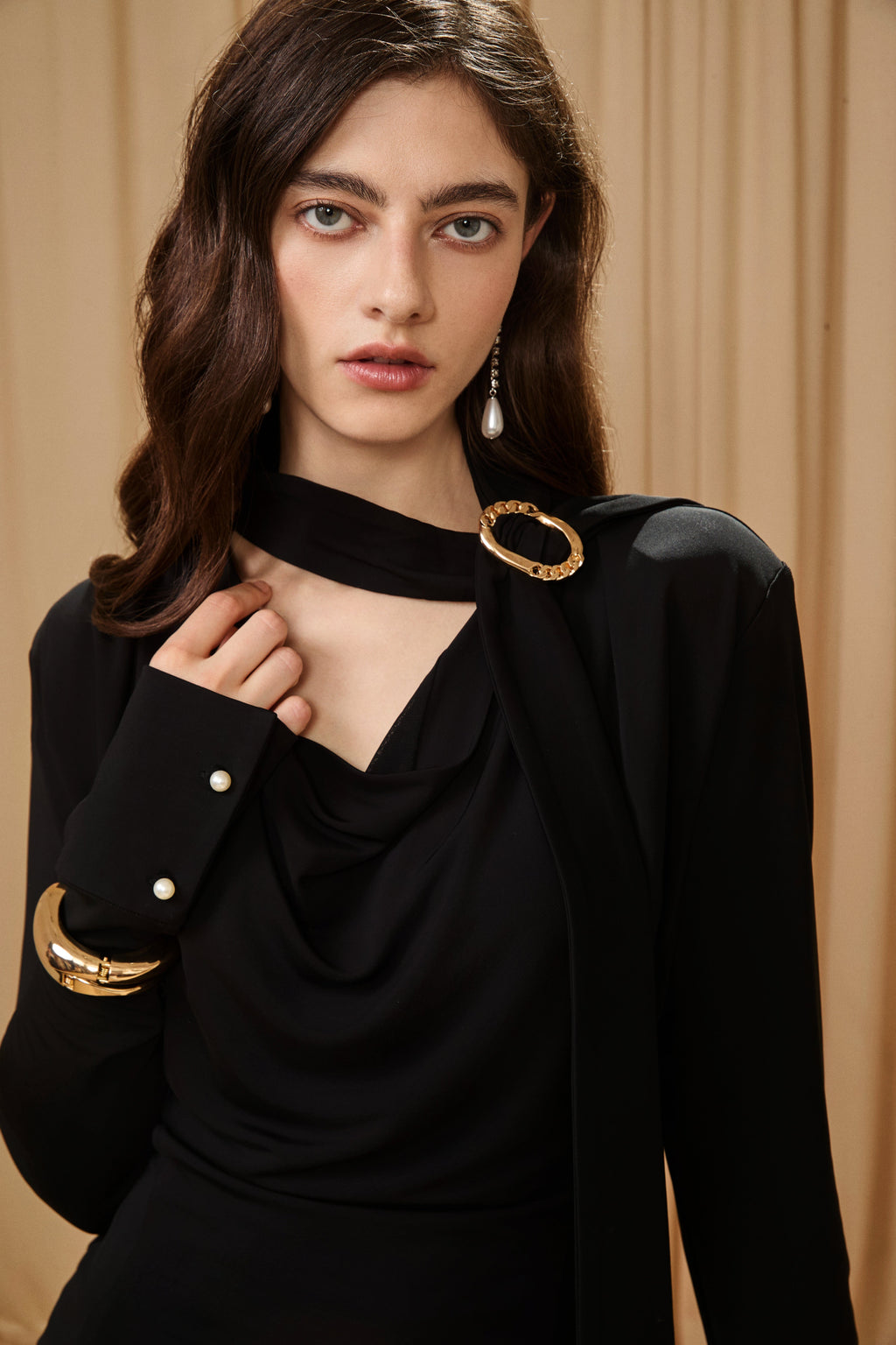 Black Cowl Neck Gold Button Ribbon Blouse