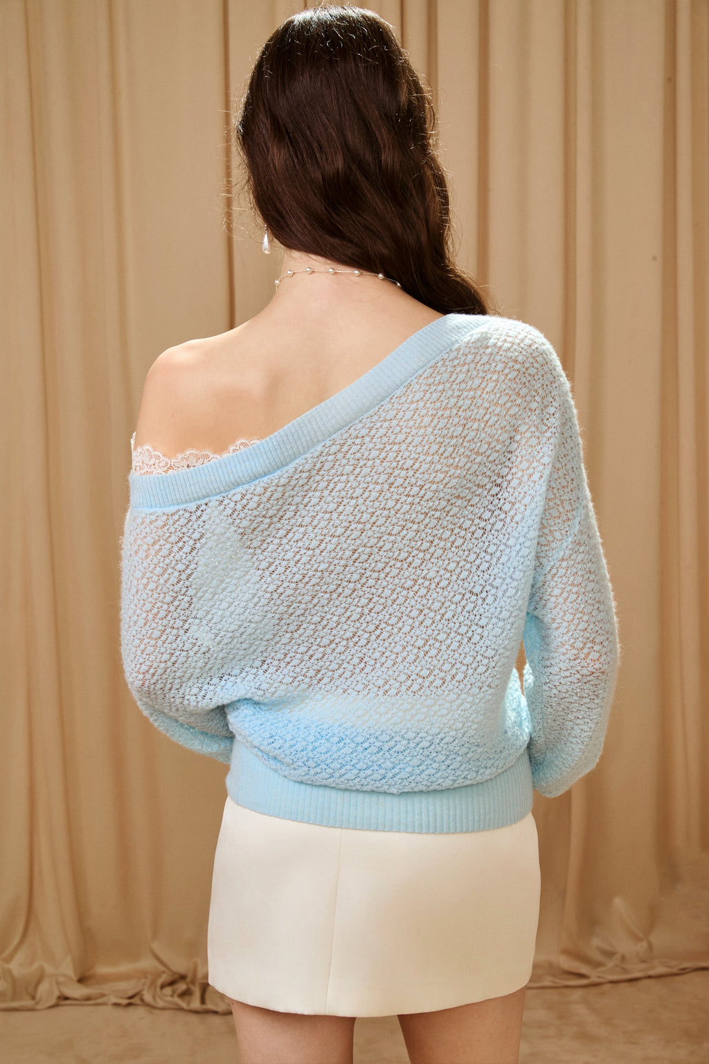 Blue Lace Panel Shell Knit Cardigan
