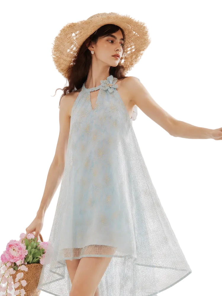 Blue Rattan Texture Halter Pearl Backless Dress