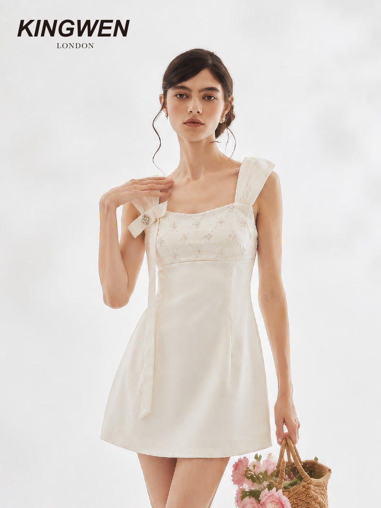 Pearlescent White Wide Strap Sequin Bow Dress
