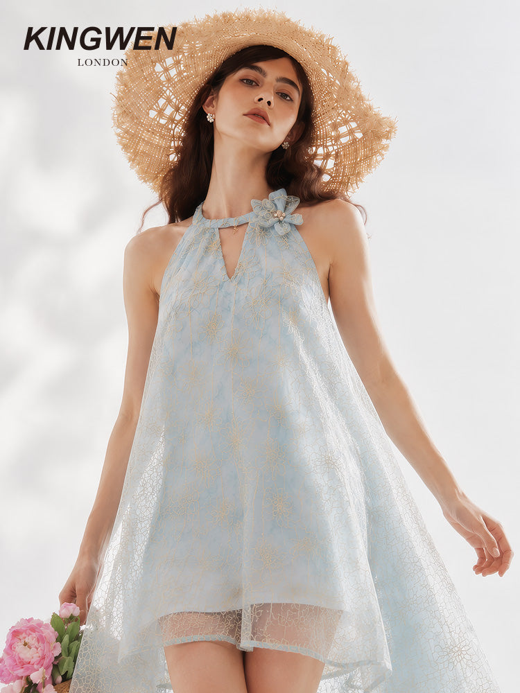 Blue Rattan Texture Halter Pearl Backless Dress
