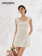 Pearlescent White Wide Strap Sequin Bow Dress