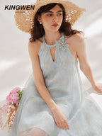 Blue Rattan Texture Halter Pearl Backless Dress