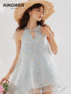 Blue Rattan Texture Halter Pearl Backless Dress