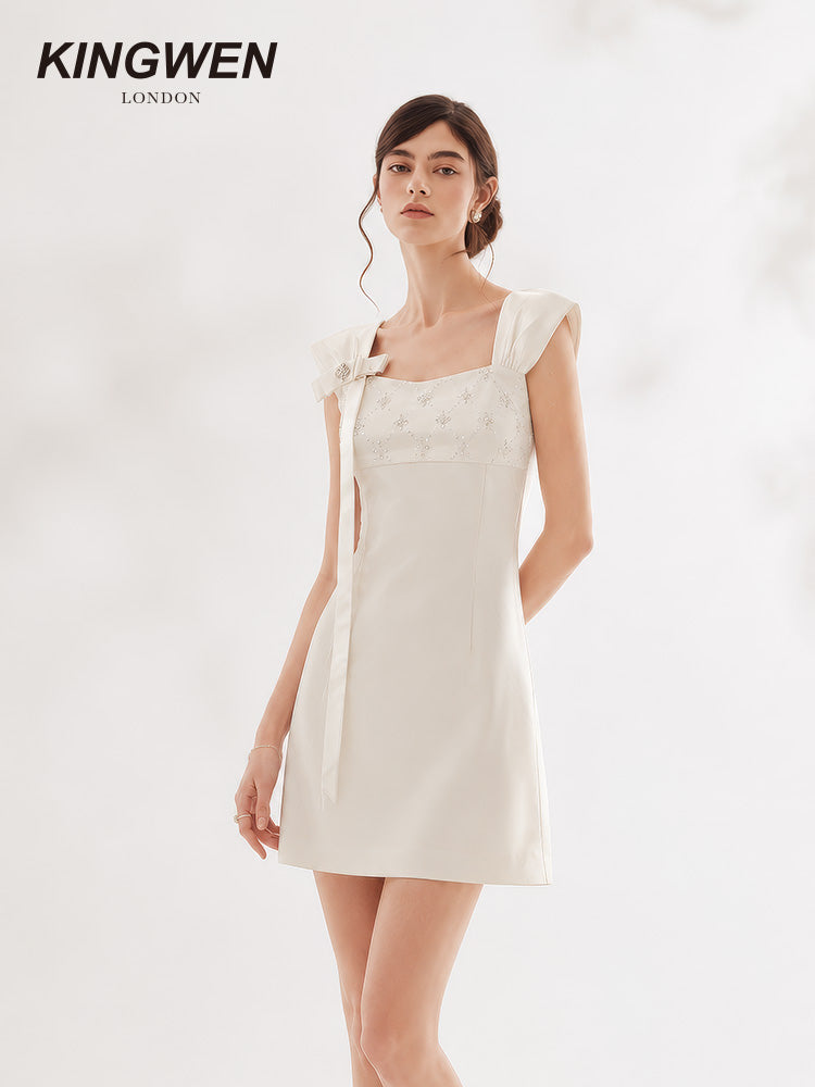 Pearlescent White Wide Strap Sequin Bow Dress