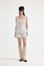 White Bow-Detailed Sleeveless Fitted Top