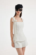 White Bow-Detailed Sleeveless Fitted Top