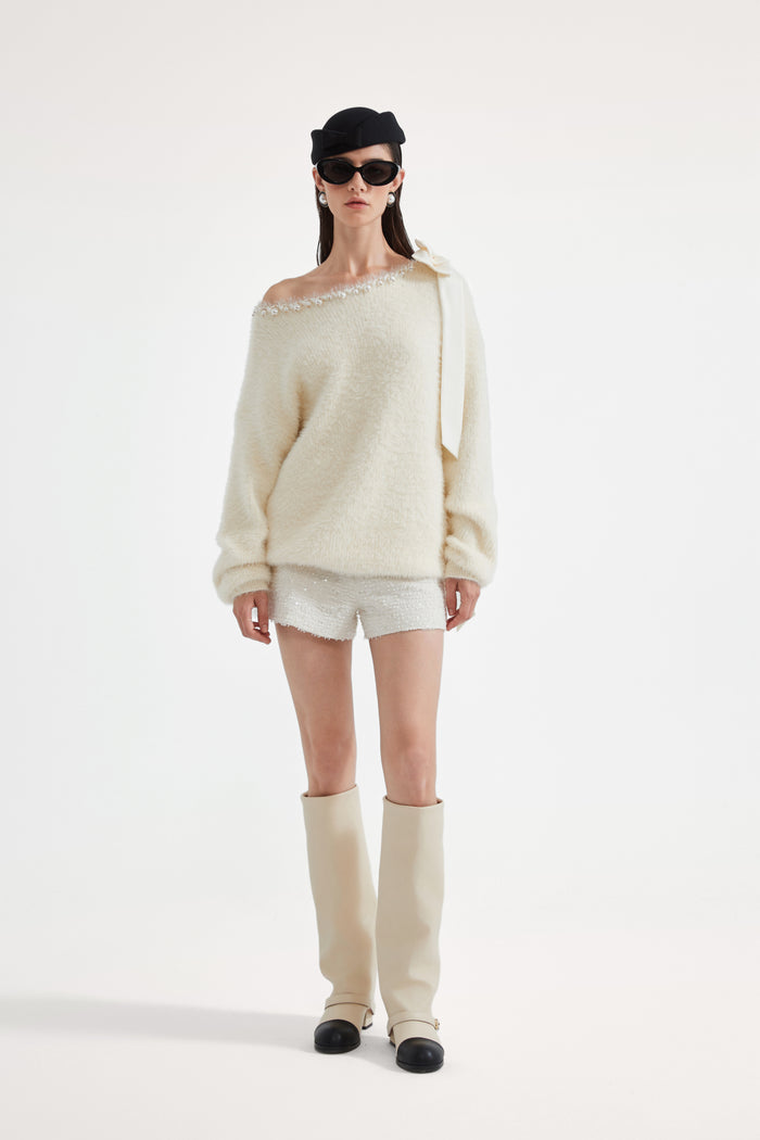 White Off-The-Shoulder Beaded Sweater