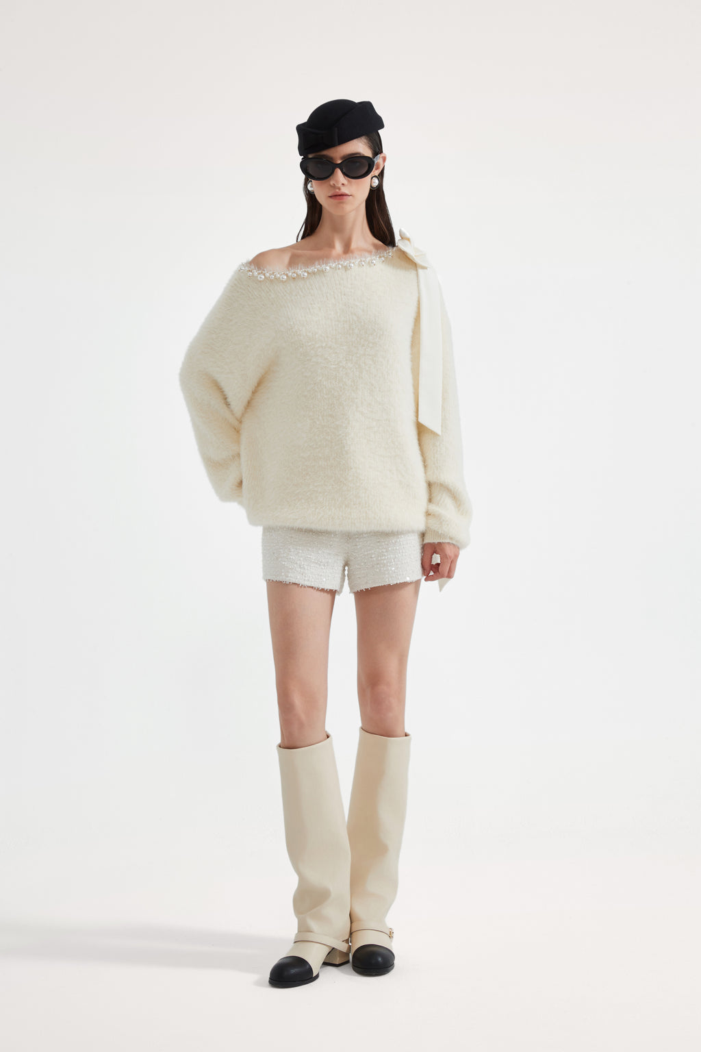 White Off-The-Shoulder Beaded Sweater