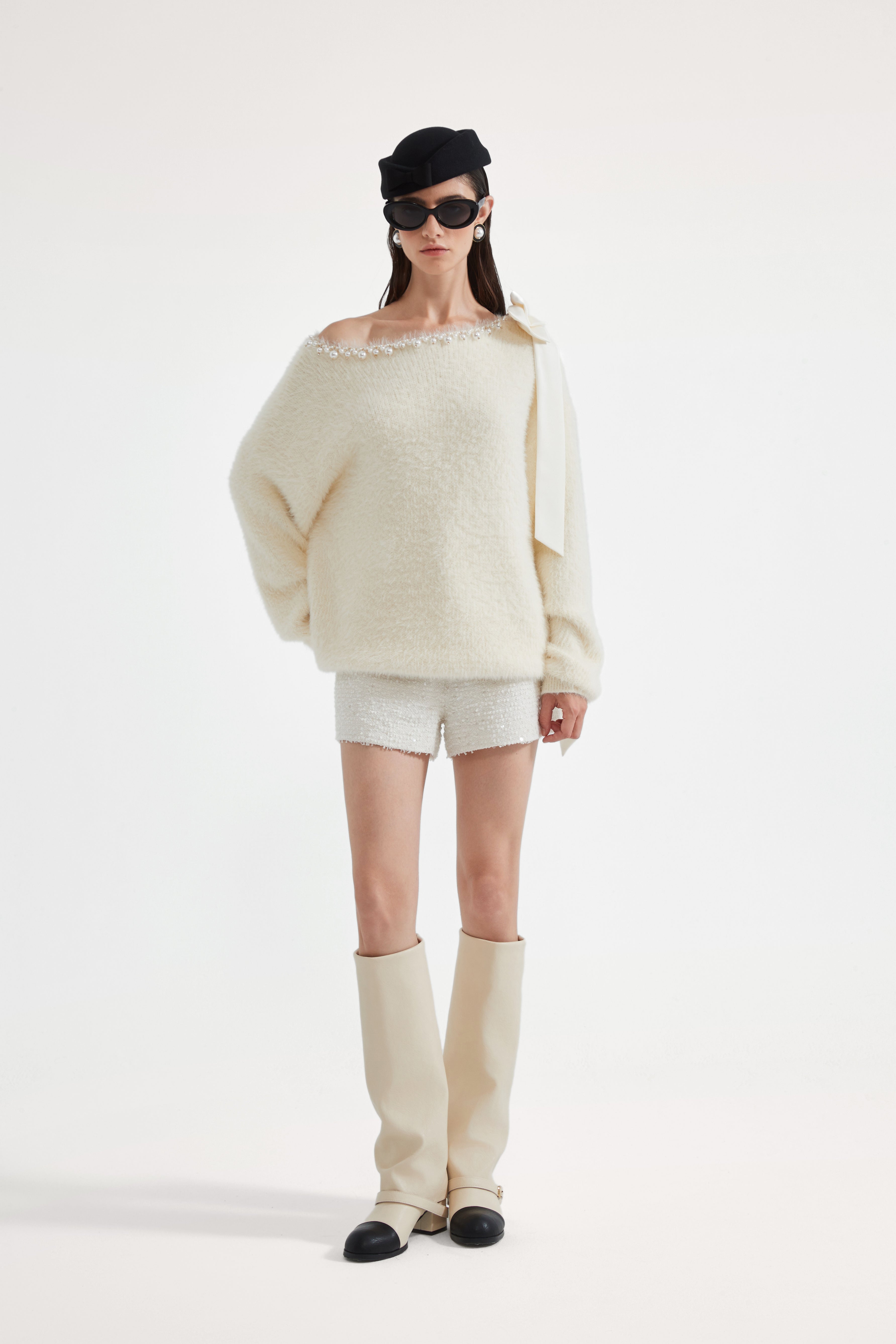 White Off-The-Shoulder Beaded Sweater