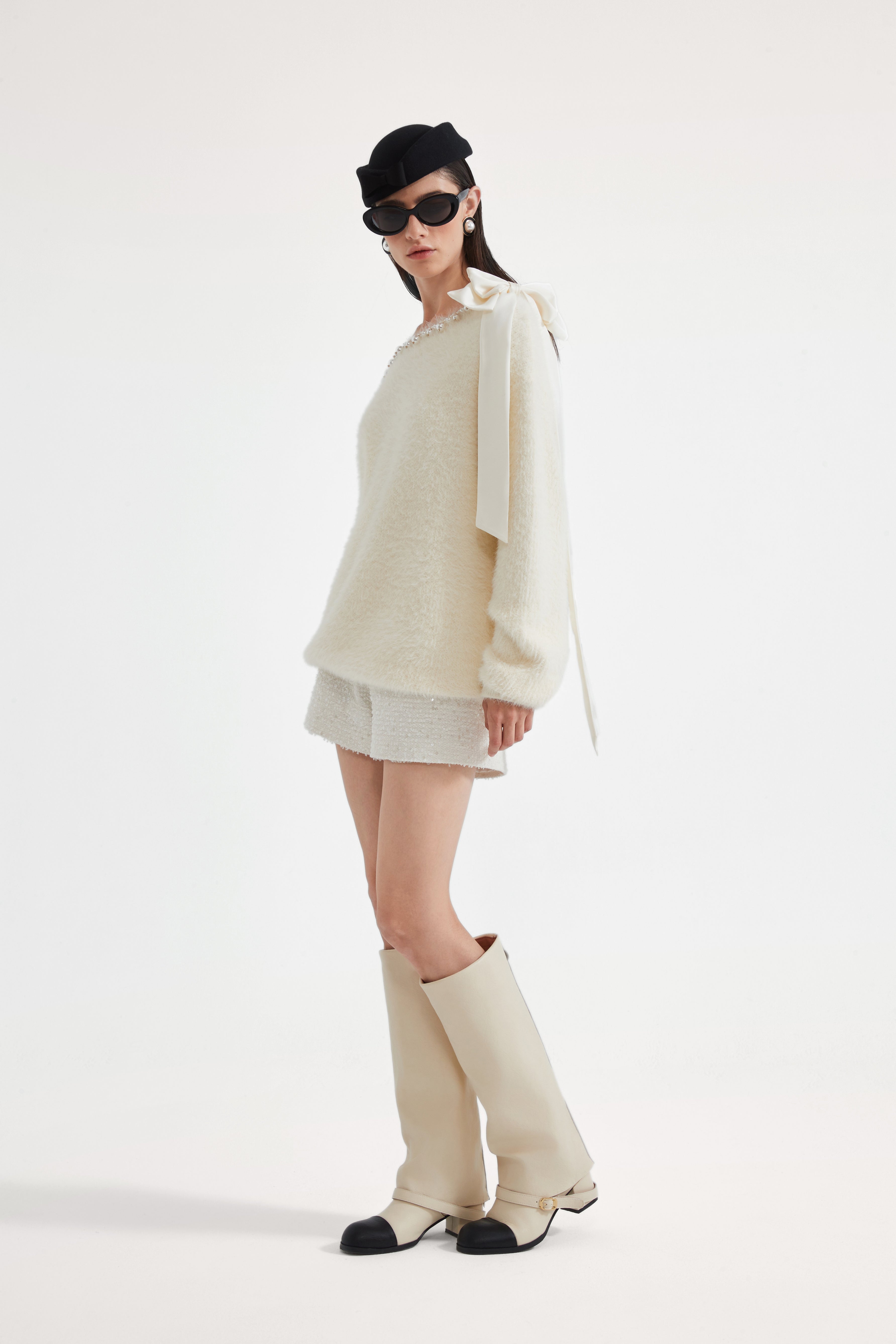 White Off-The-Shoulder Beaded Sweater