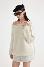 White Off-The-Shoulder Beaded Sweater