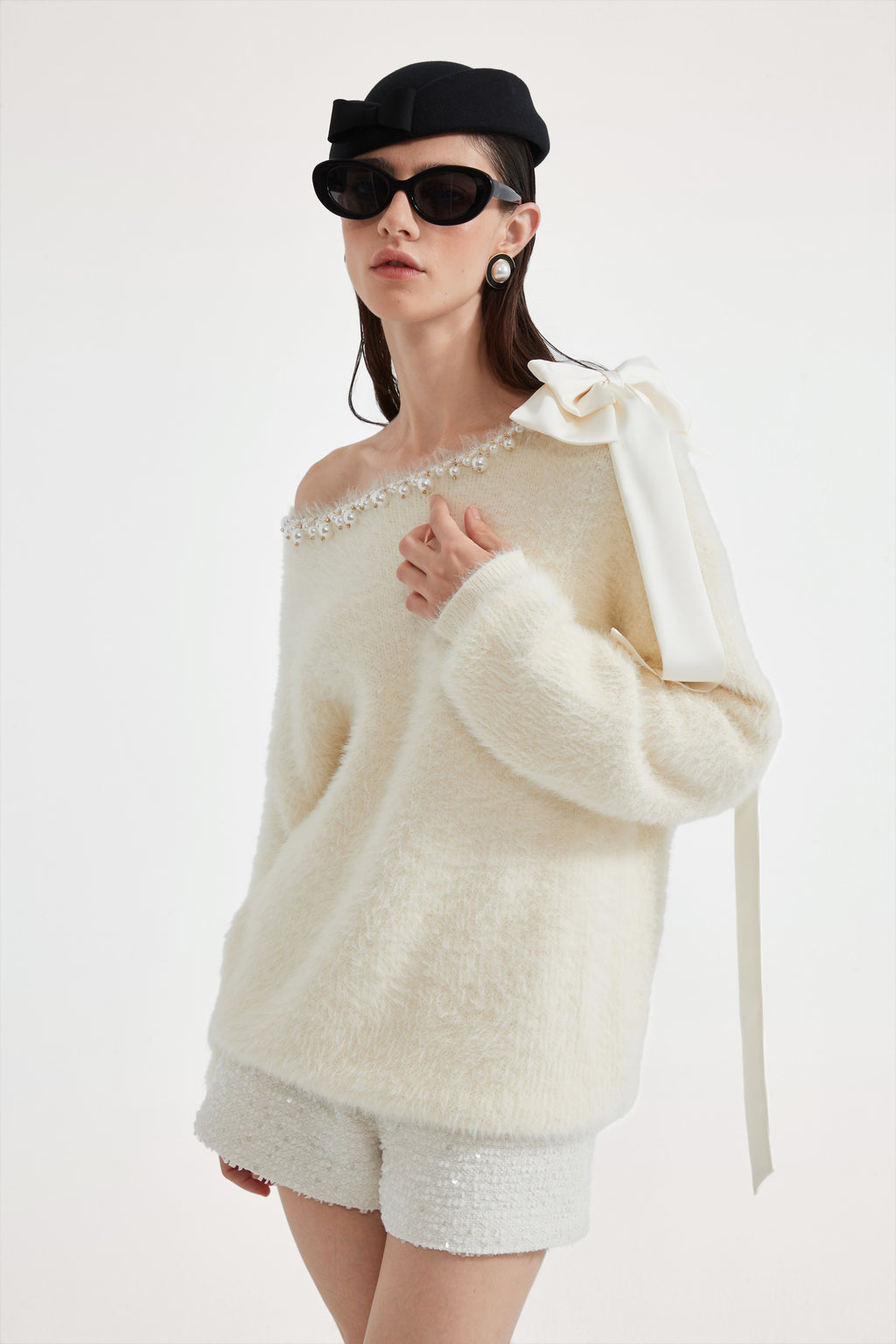White Off-The-Shoulder Beaded Sweater