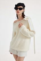 White Off-The-Shoulder Beaded Sweater