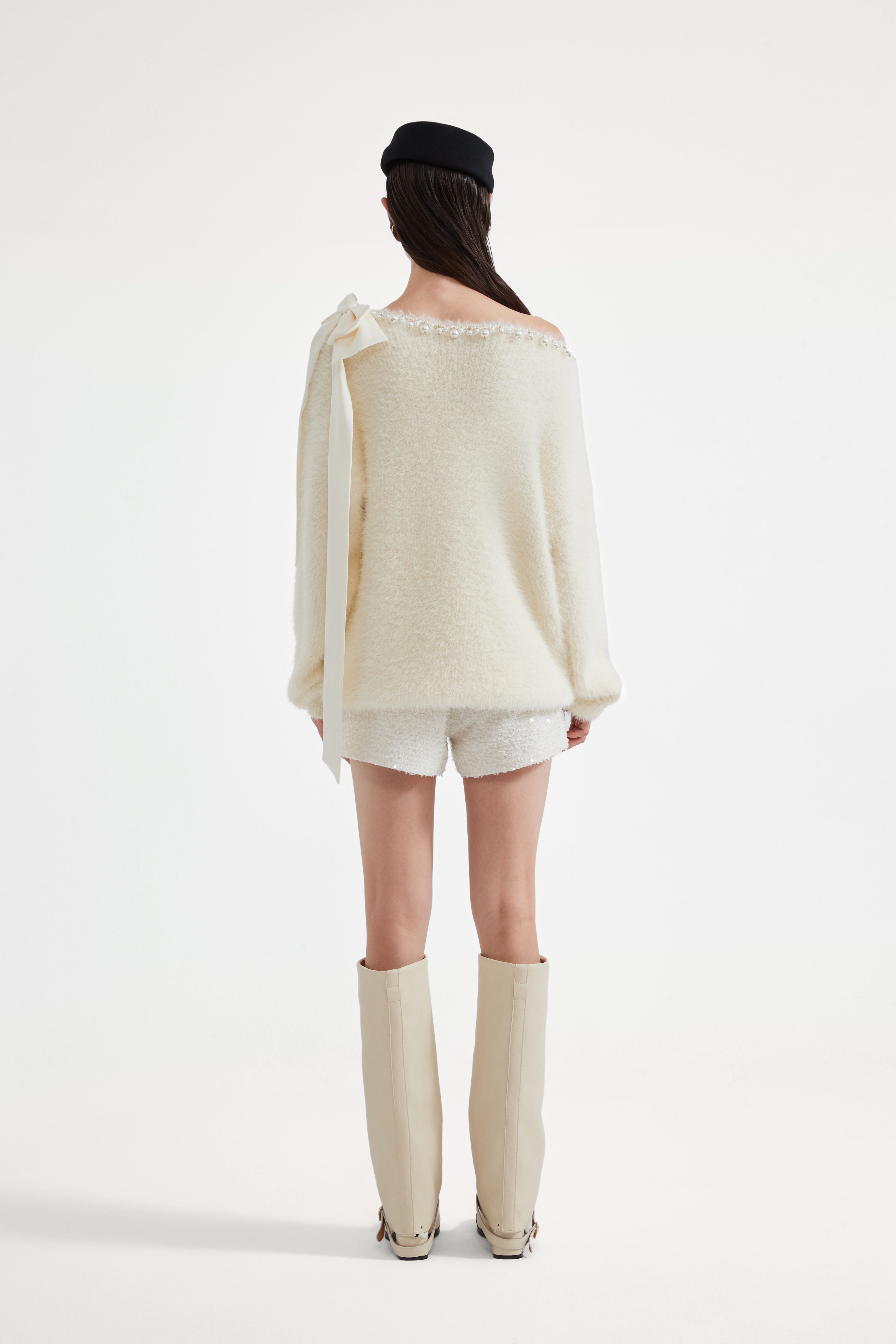 White Off-The-Shoulder Beaded Sweater