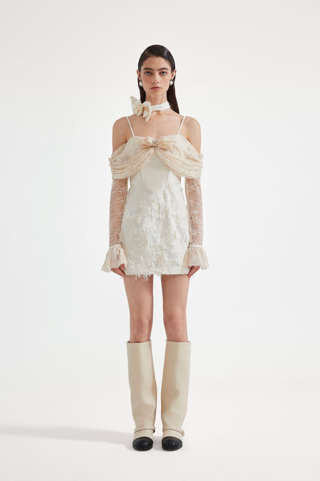 Beige Lace Fitted Waist Dress