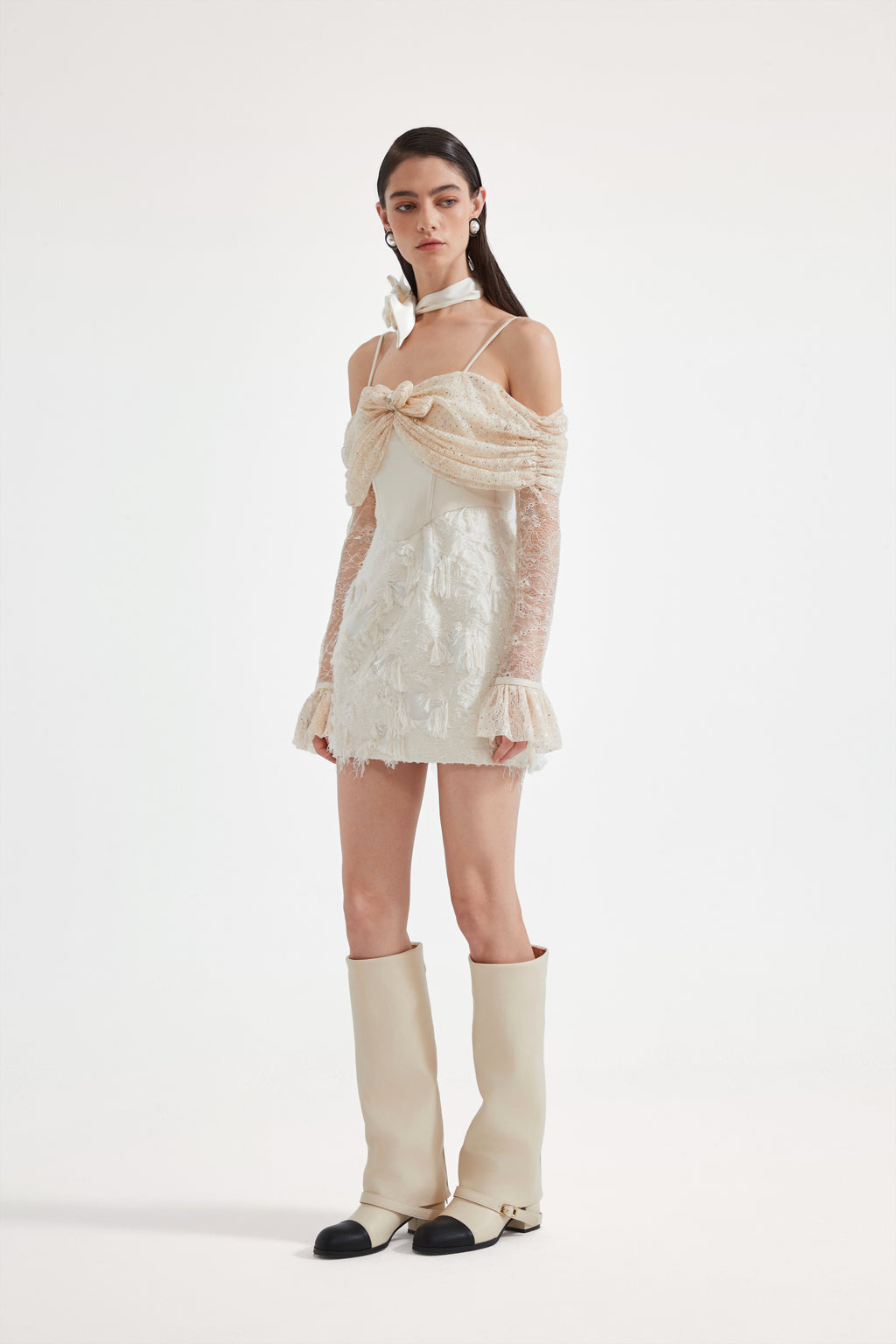 Beige Lace Fitted Waist Dress