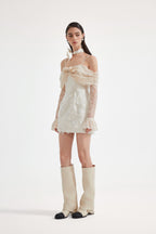 Beige Lace Fitted Waist Dress