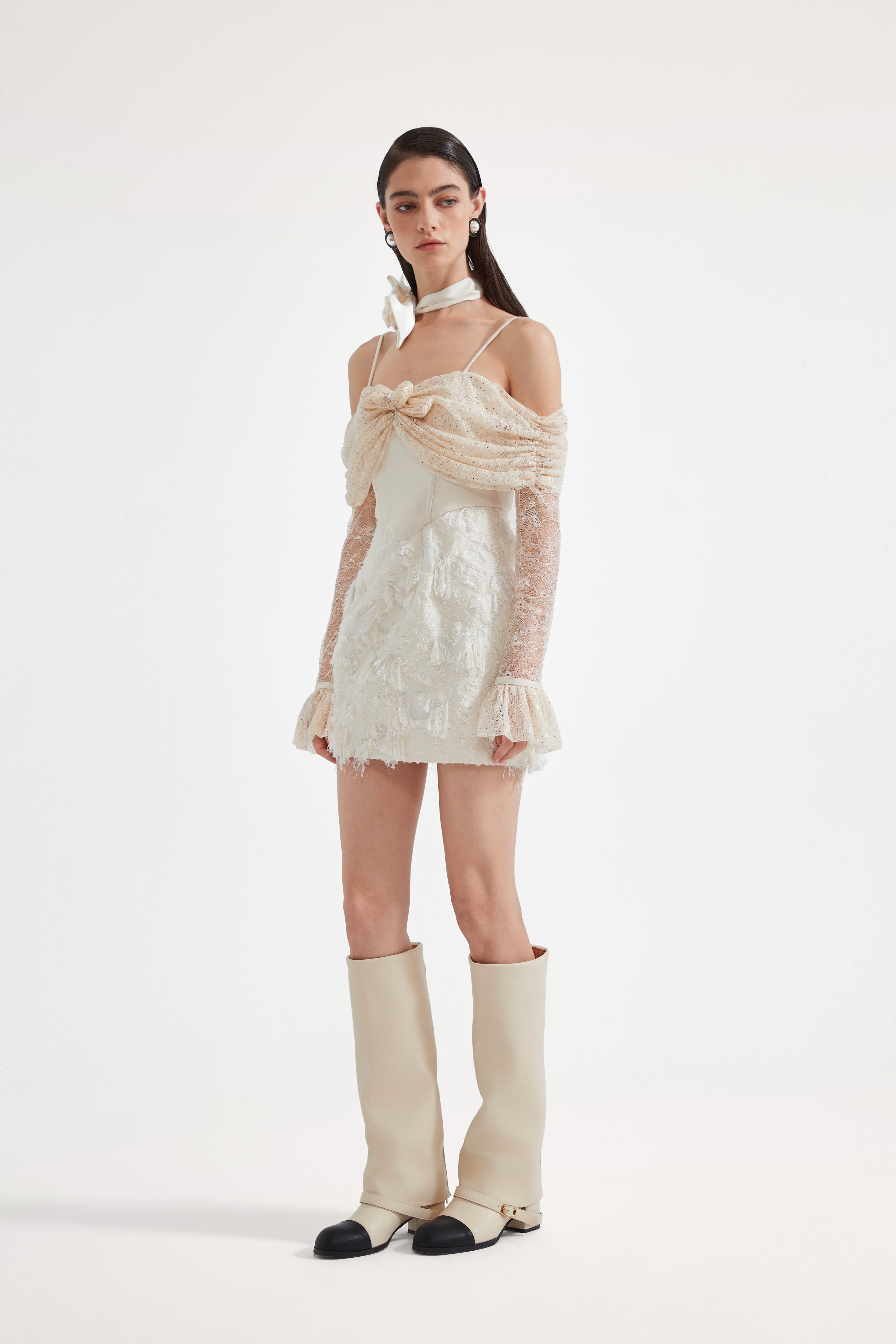 Beige Lace Fitted Waist Dress