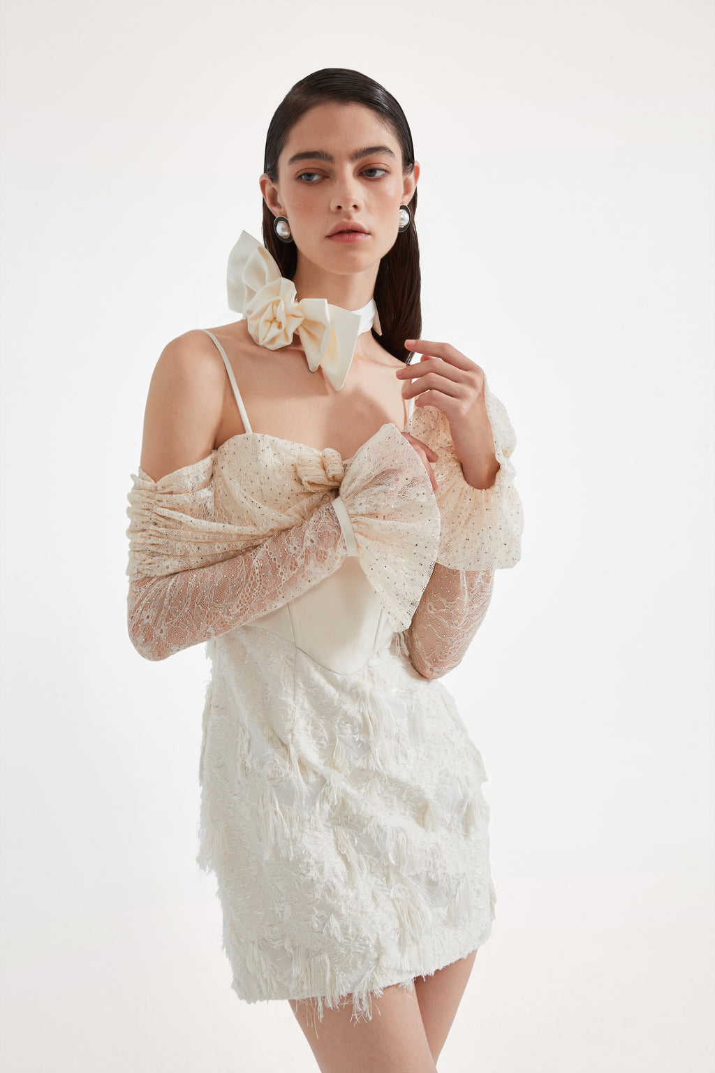 Beige Lace Fitted Waist Dress