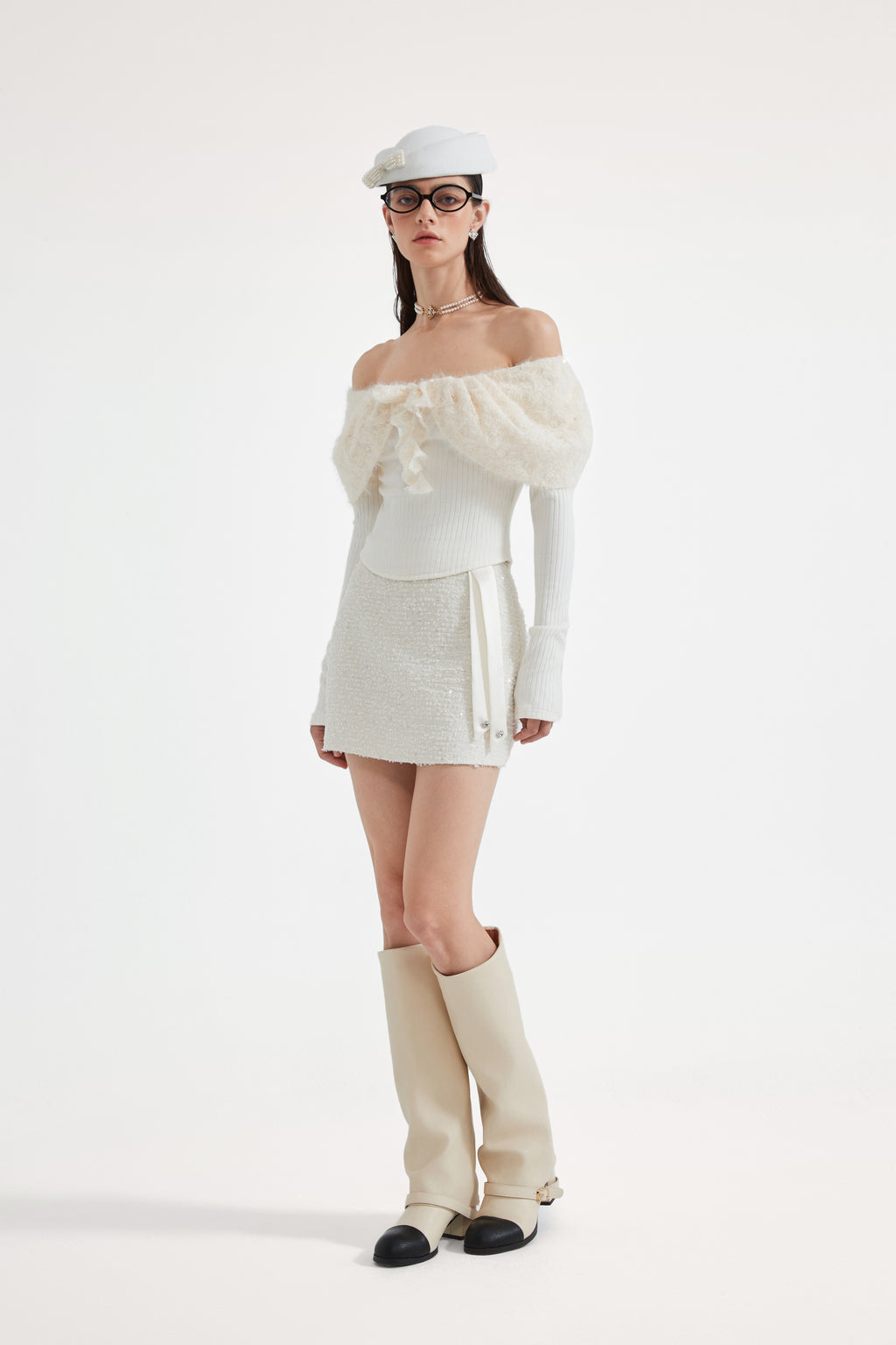 White Knitted Lace Off-The-Shoulder Top