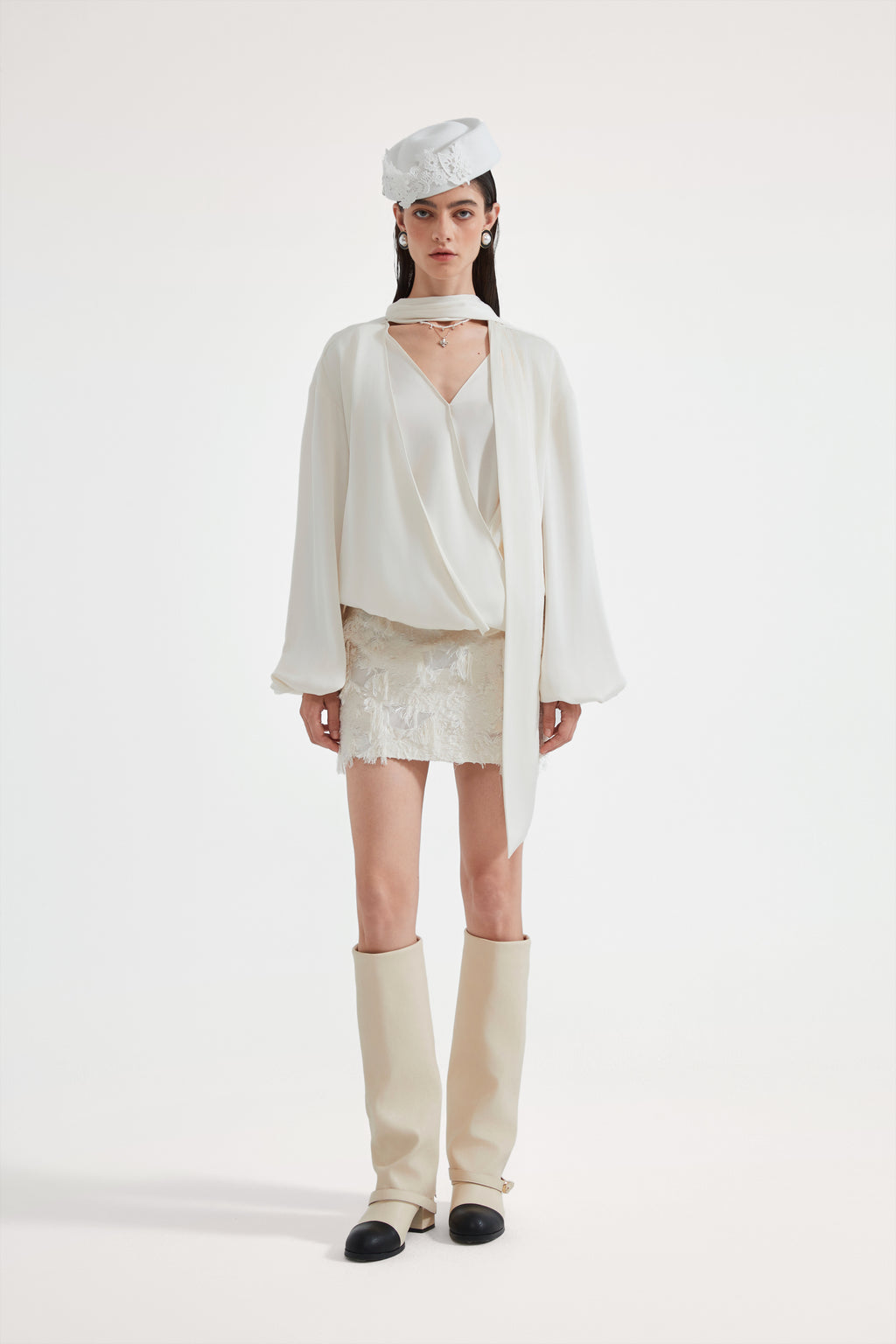 White Textured Fringe Skirt