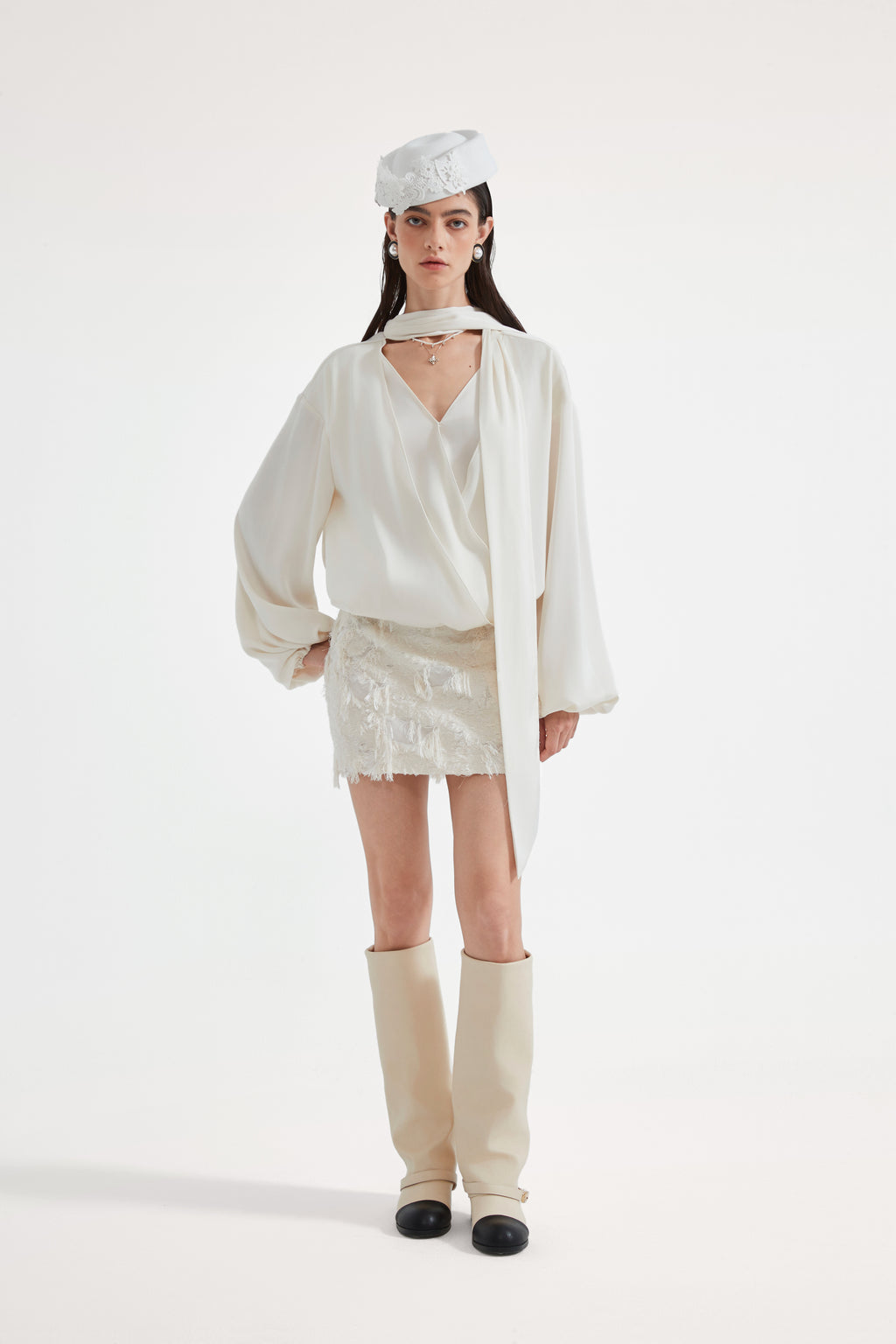 White Textured Fringe Skirt