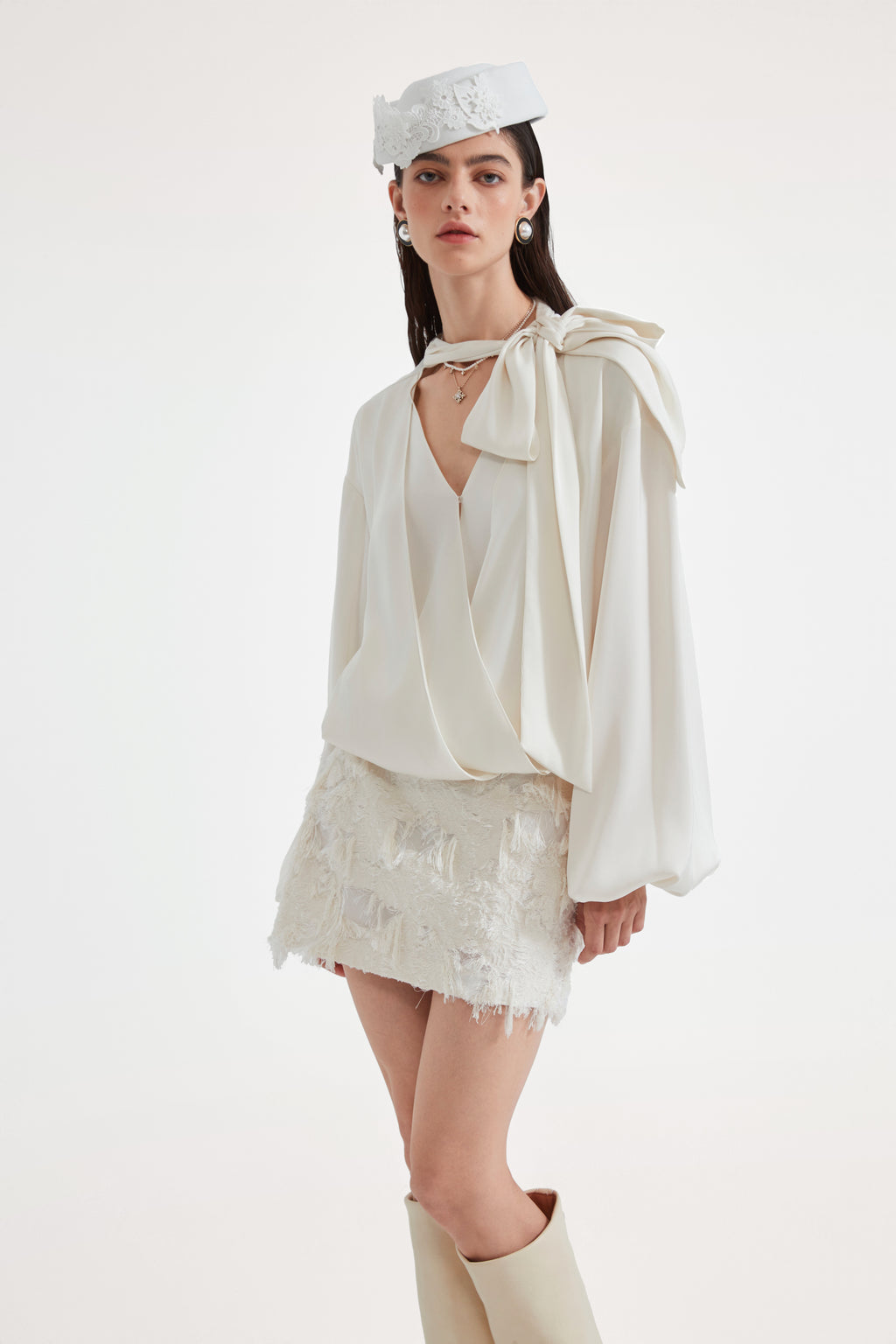 White Textured Fringe Skirt