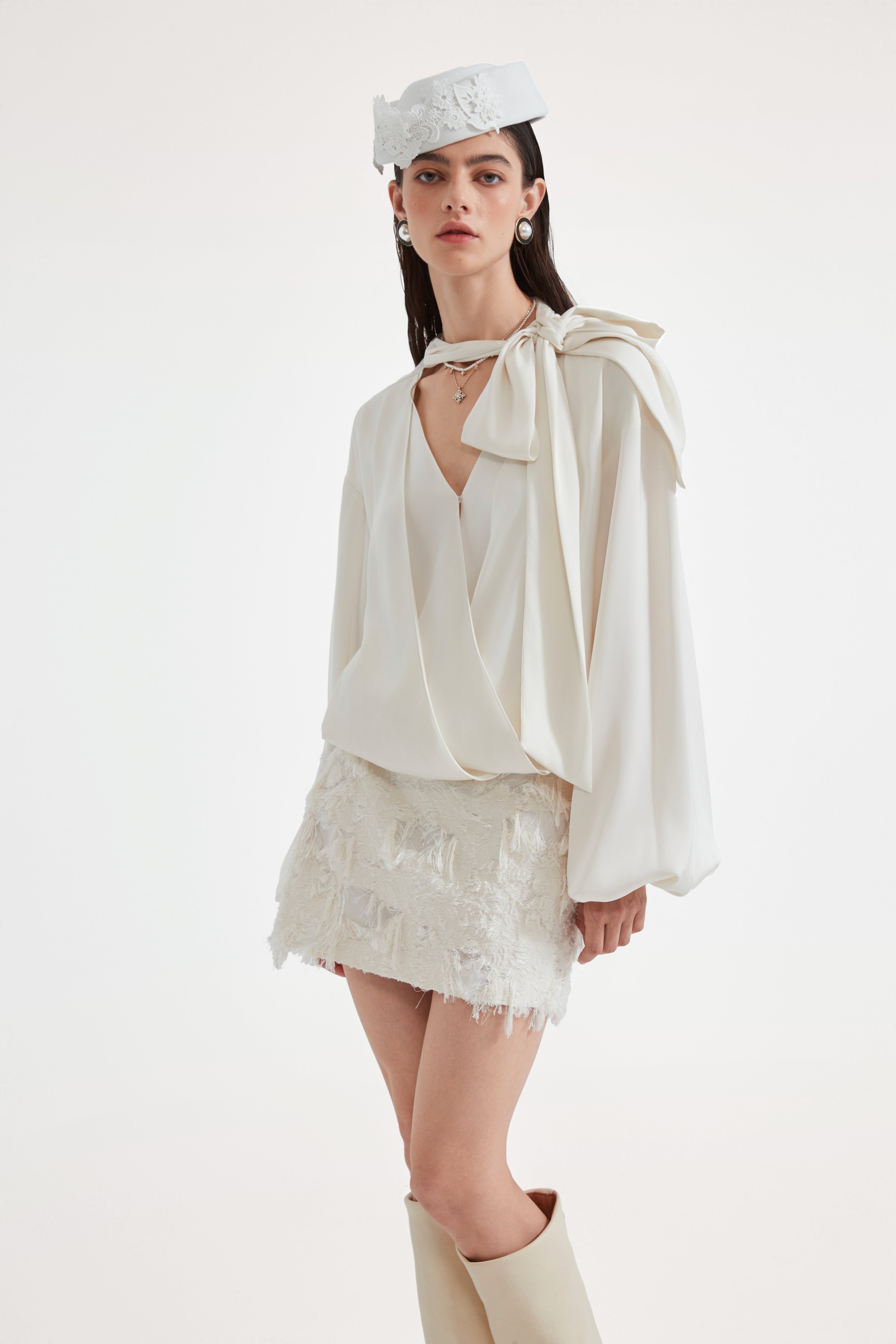 White Textured Fringe Skirt