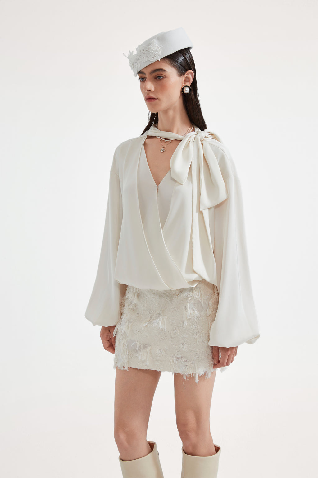 White Textured Fringe Skirt