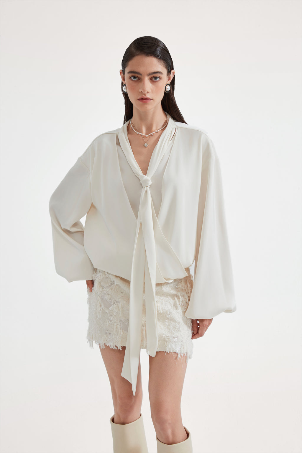 White Textured Fringe Skirt