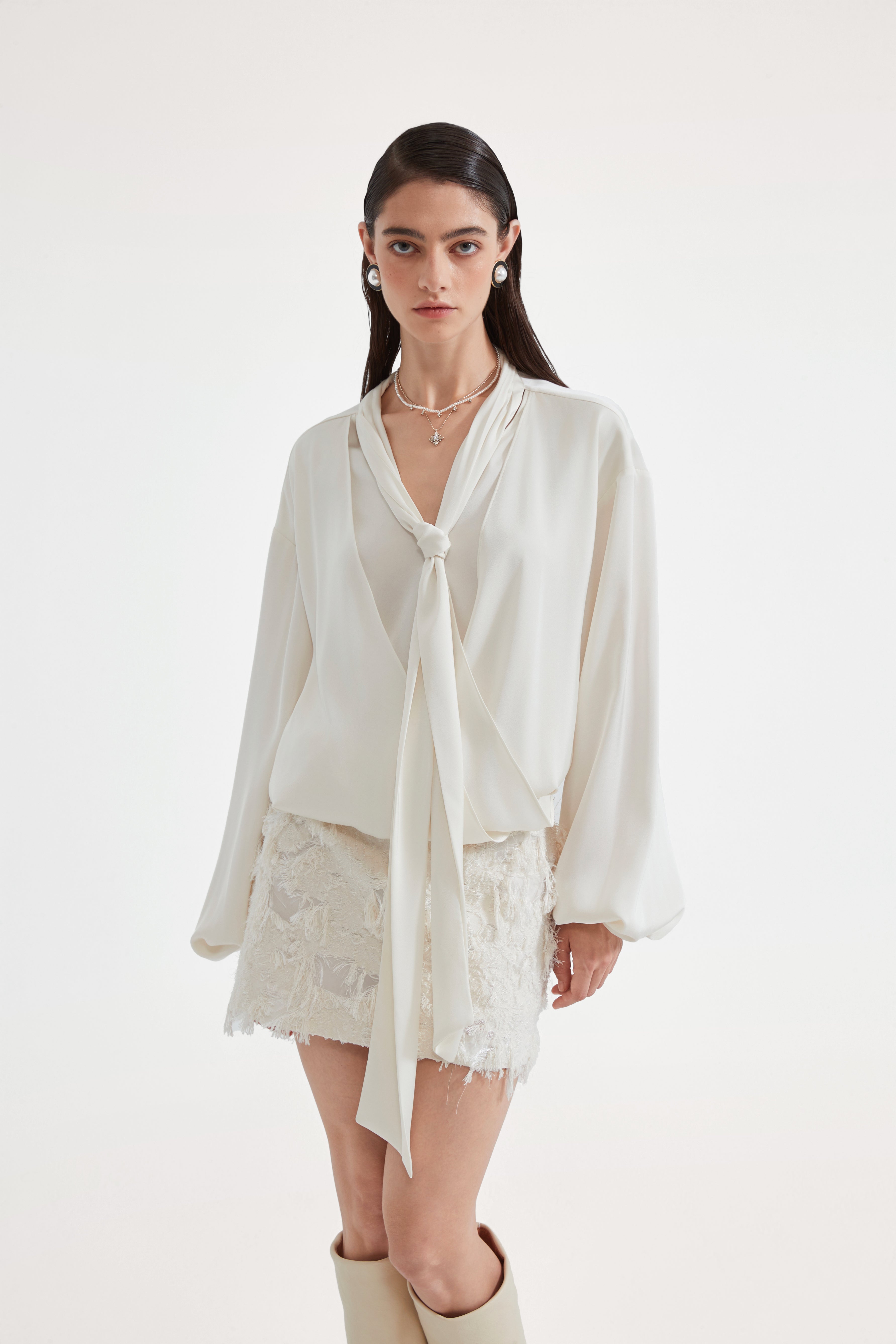 White Textured Fringe Skirt