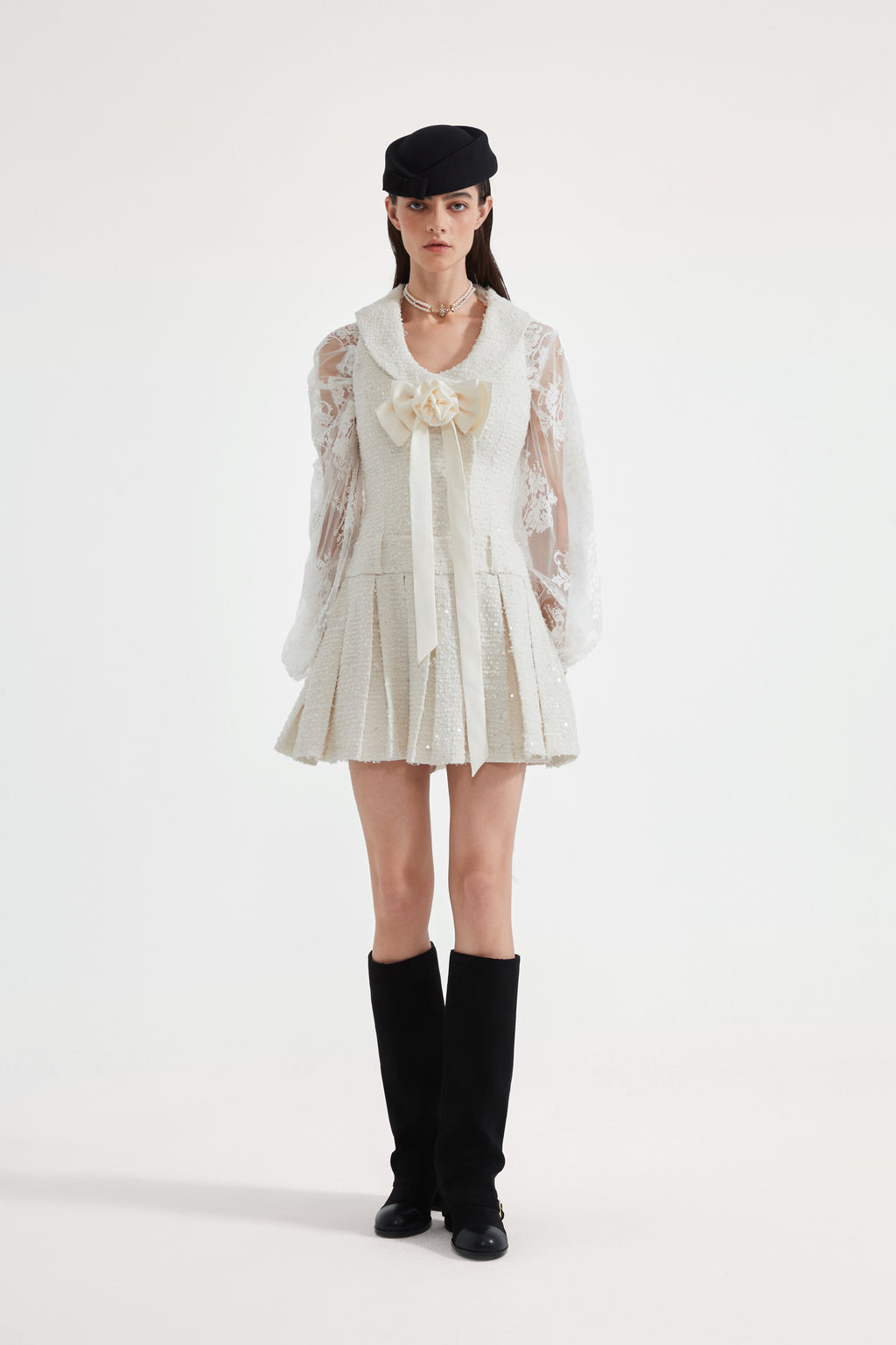 White Tweed Pleated Dress