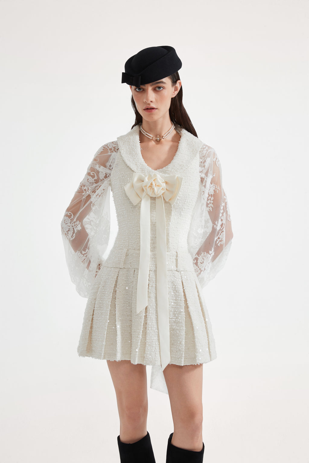 White Tweed Pleated Dress