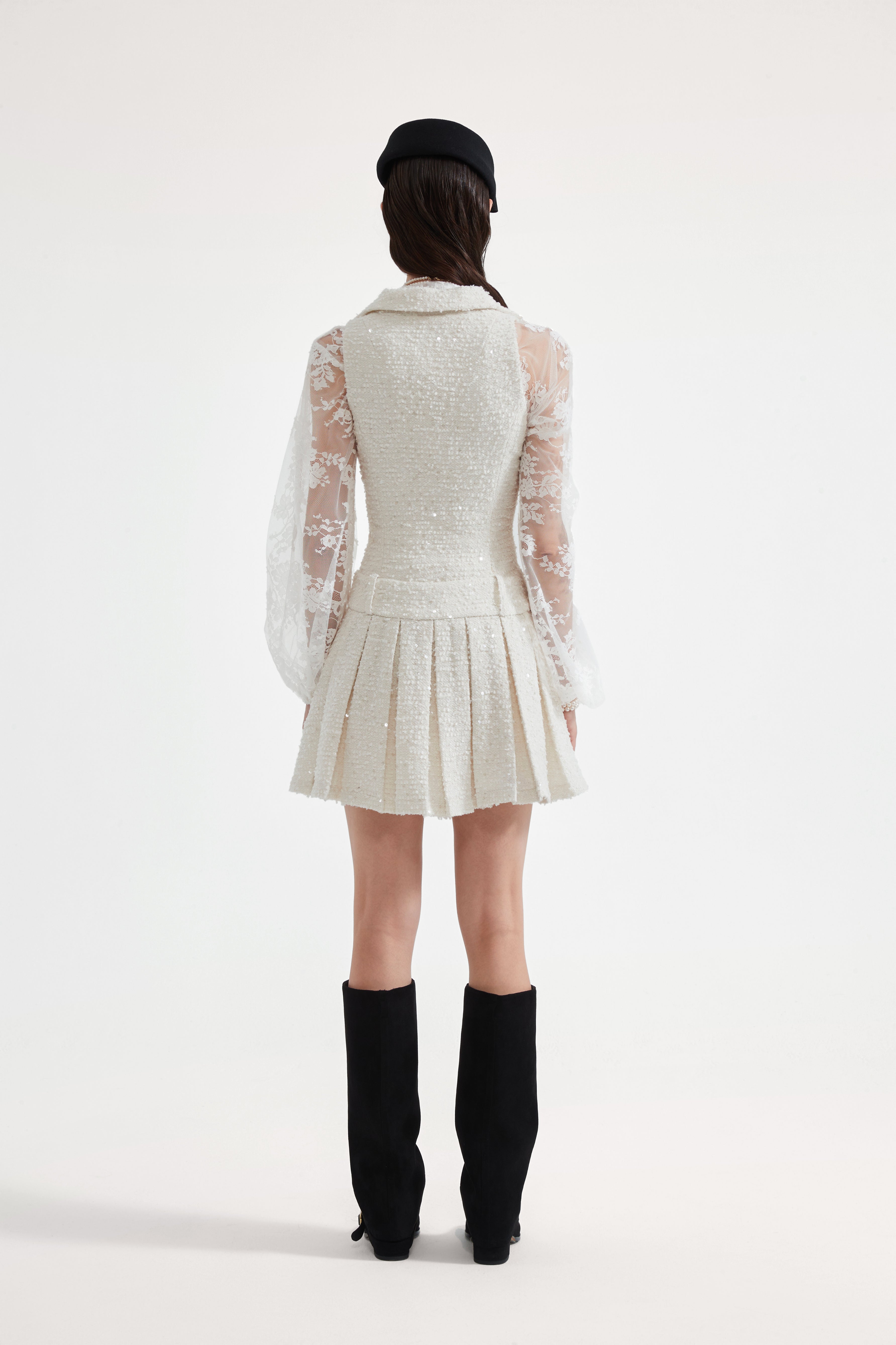 White Tweed Pleated Dress