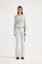 White Off-The-Shoulder Pleated Bow Ribbon Blouse