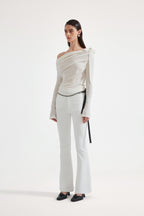 White Off-The-Shoulder Pleated Bow Ribbon Blouse