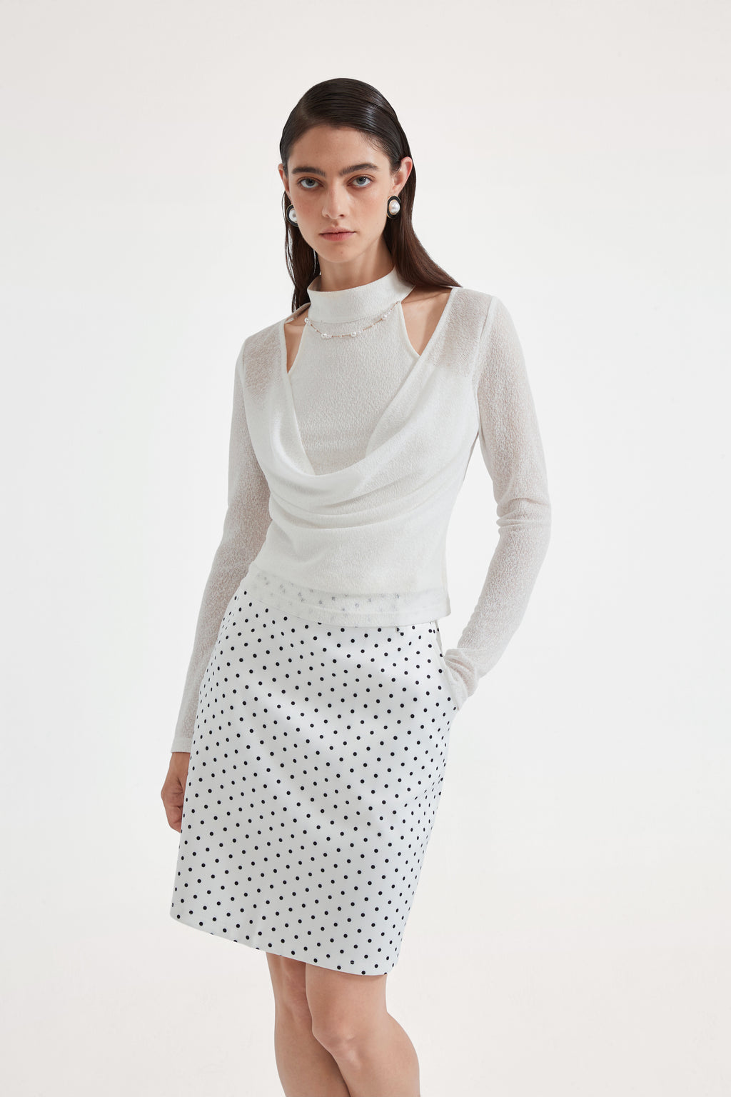 White Beaded Mock-Neck False Two-Piece Top