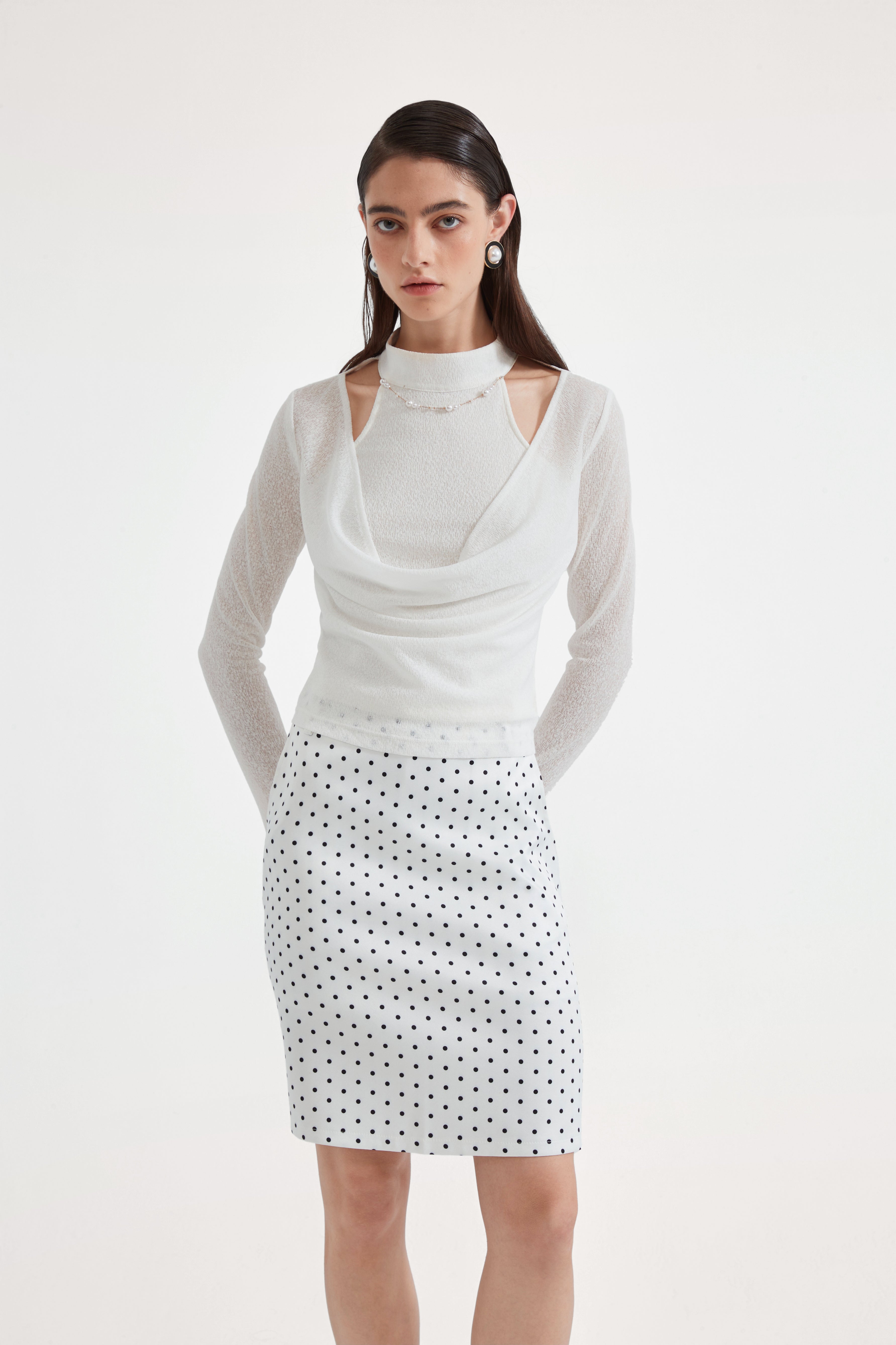 White Beaded Mock-Neck False Two-Piece Top