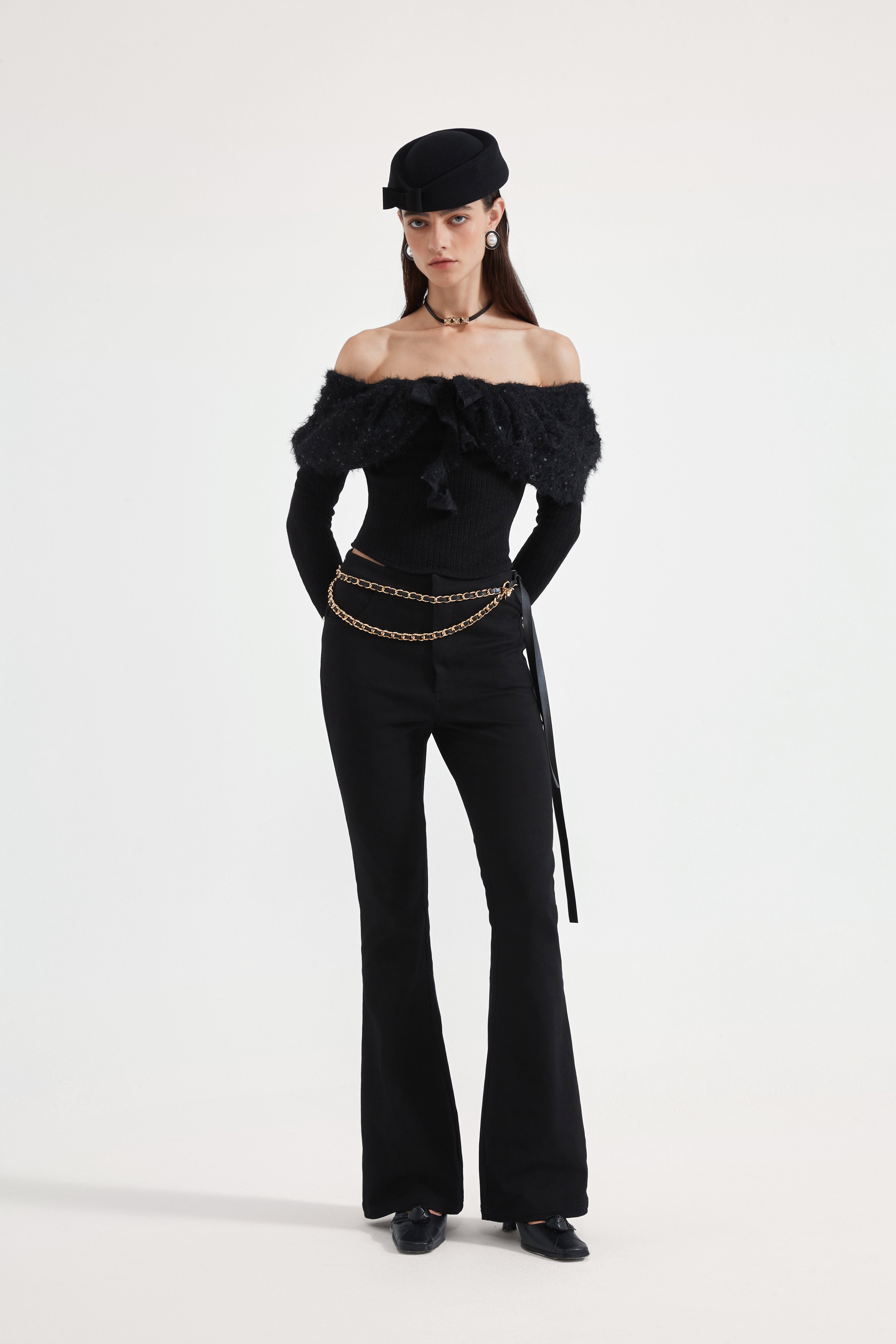 Black Knitted Lace Off-The-Shoulder Top