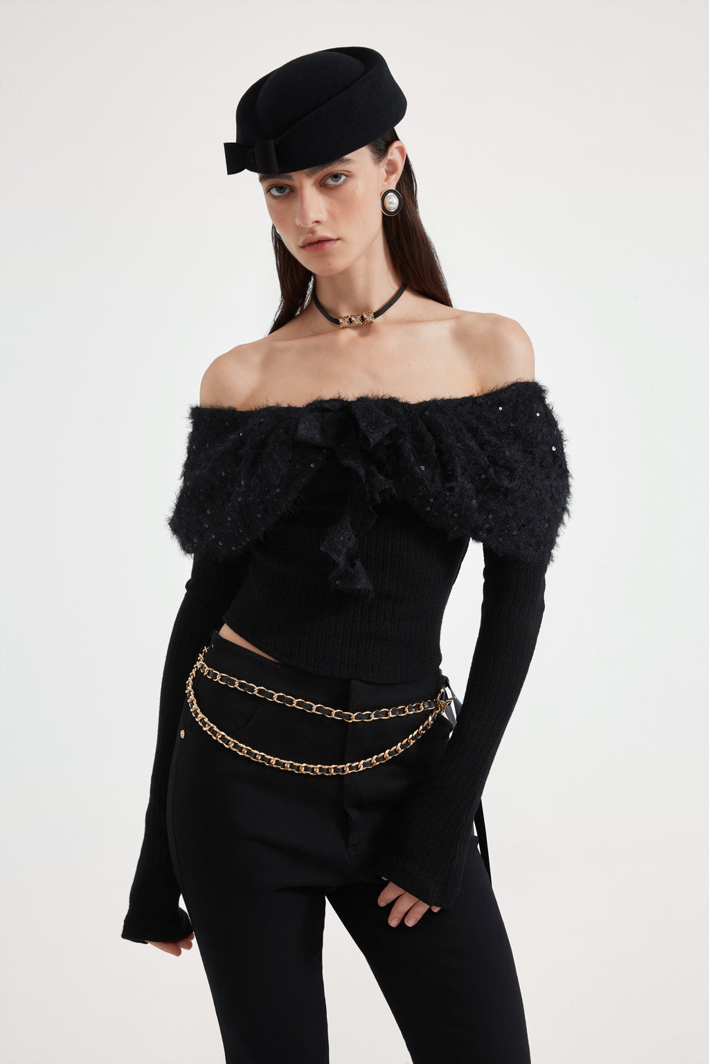 Black Knitted Lace Off-The-Shoulder Top