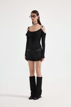 Black Off-The-Shoulder Draped Halter Long-Sleeve Top