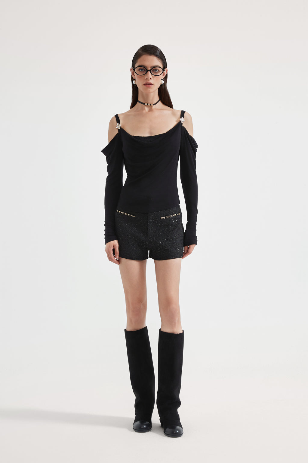 Black Off-The-Shoulder Draped Halter Long-Sleeve Top