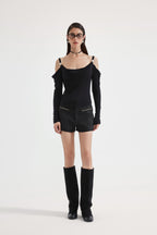 Black Off-The-Shoulder Draped Halter Long-Sleeve Top