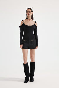 Black Off-The-Shoulder Draped Halter Long-Sleeve Top