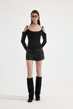 Black Off-The-Shoulder Draped Halter Long-Sleeve Top