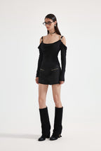 Black Off-The-Shoulder Draped Halter Long-Sleeve Top