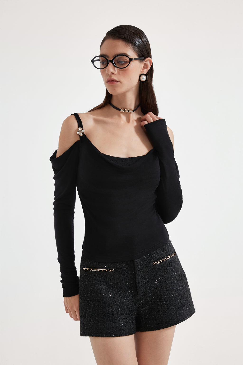 Black Off-The-Shoulder Draped Halter Long-Sleeve Top