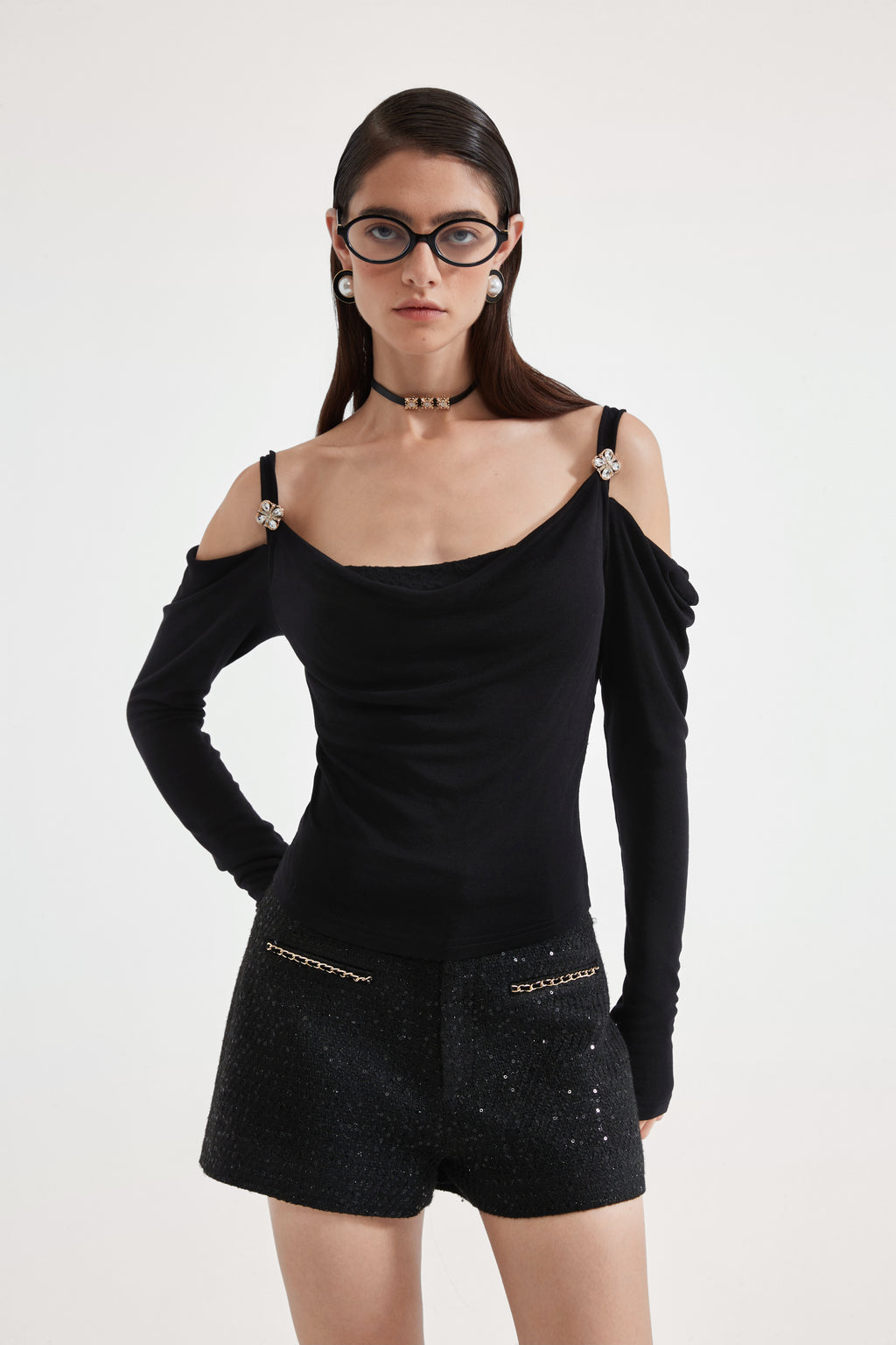 Black Off-The-Shoulder Draped Halter Long-Sleeve Top