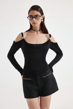 Black Off-The-Shoulder Draped Halter Long-Sleeve Top